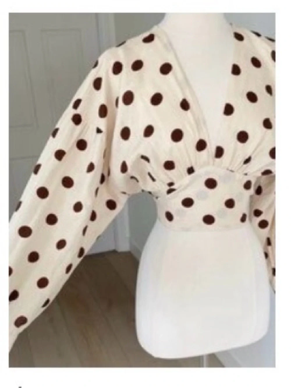 Zara Polka Dot Cropped V-Neck Long Sleeve Top - Cream with Brown Dots
